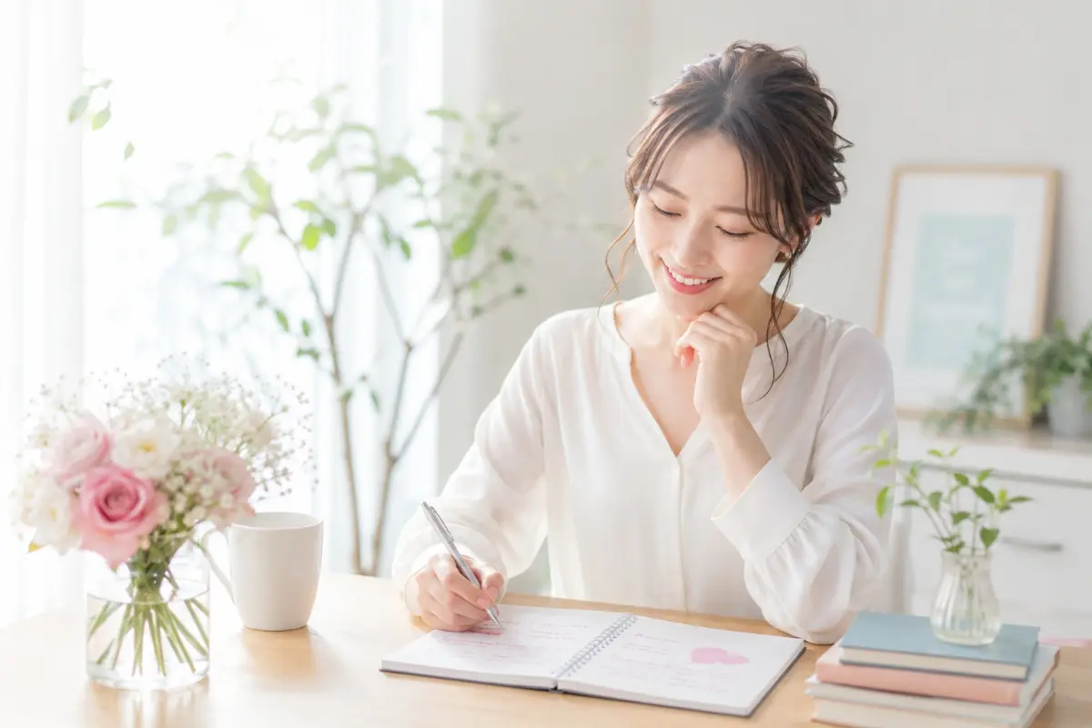 明るいリビングでノートを開き、ペンを手に微笑みながら考え事をする女性
