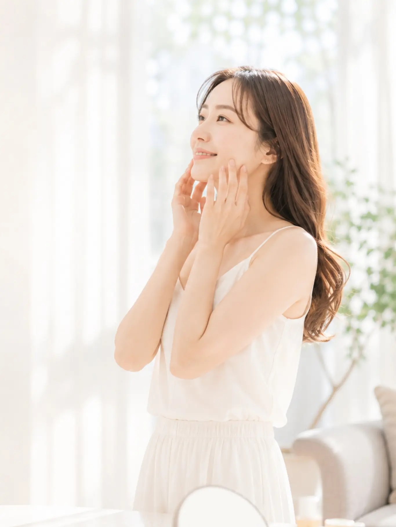 白いキャミソールを着用し、両手で優しく頬に触れながら、明るい表情で横を向く女性