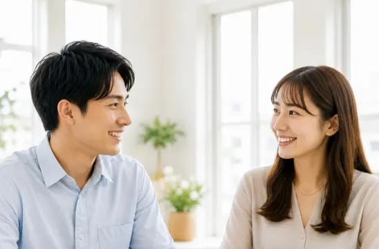 お見合いで笑顔で会話をする男女