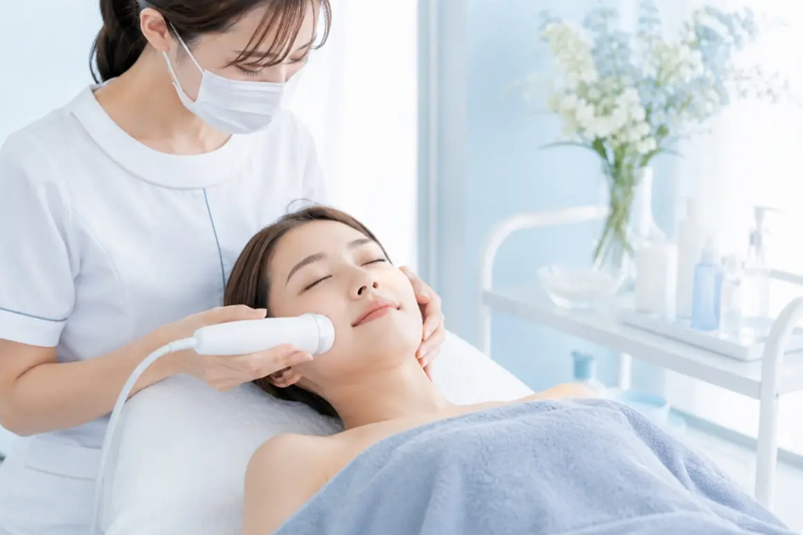 サロンで美容機器を使用したフェイシャル施術を受けている女性