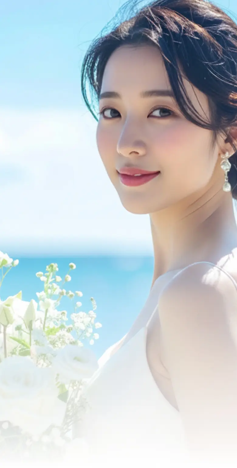 白いブーケをもってこちらを見つめるウェディングドレス姿の女性